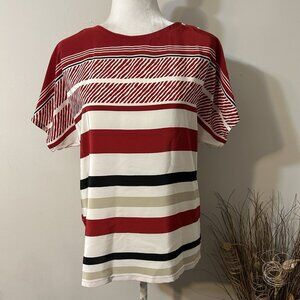Vtg Liz Claiborne Striped Multicolor Red Top Short Sleeve Shoulder Buttons Sz 10